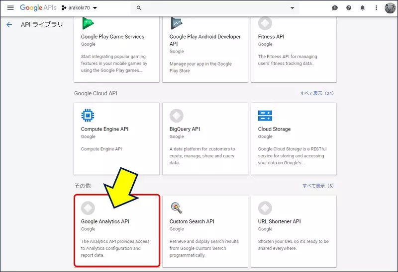 ページ最下部にスクロールし、「Analytics API」をクリックする