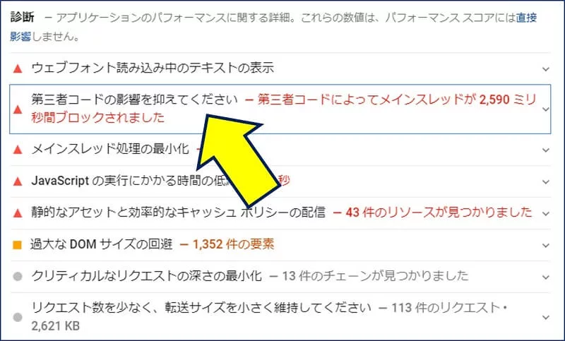 診断の欄に、「第三者コードの影響を抑えてください」と表示される