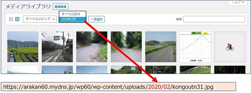 登録された画像を、「メディアライブラリ」で確認すると、正常に表示される。登録されたフォルダーは、「現在の日付」の【/2020/02/】になった。