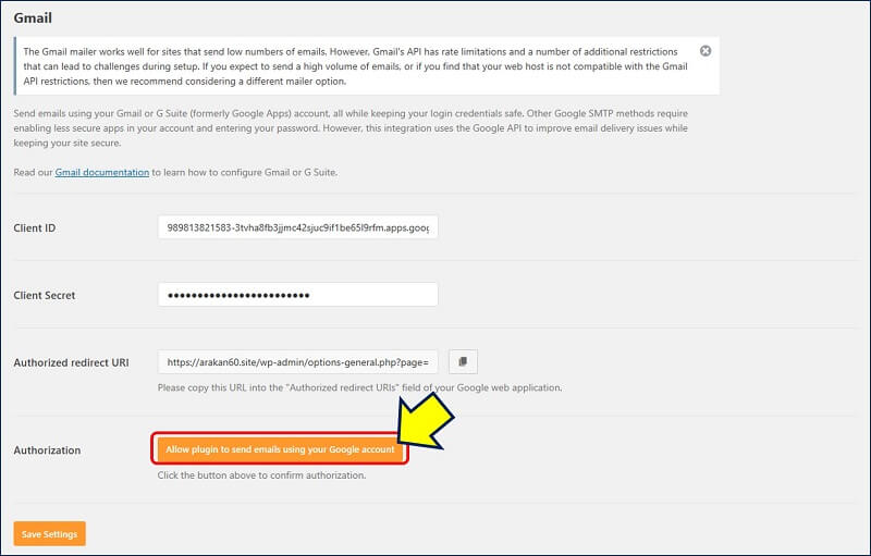 もう一度、WP mail SMTPの設定画面に戻り、「Allow plugin to send emails using your Google account」をクリックする