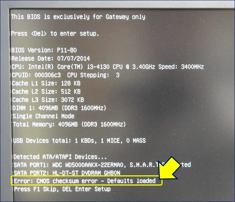電源を入れてみると、「Error: CMOS checksum error」というメッセージが出る