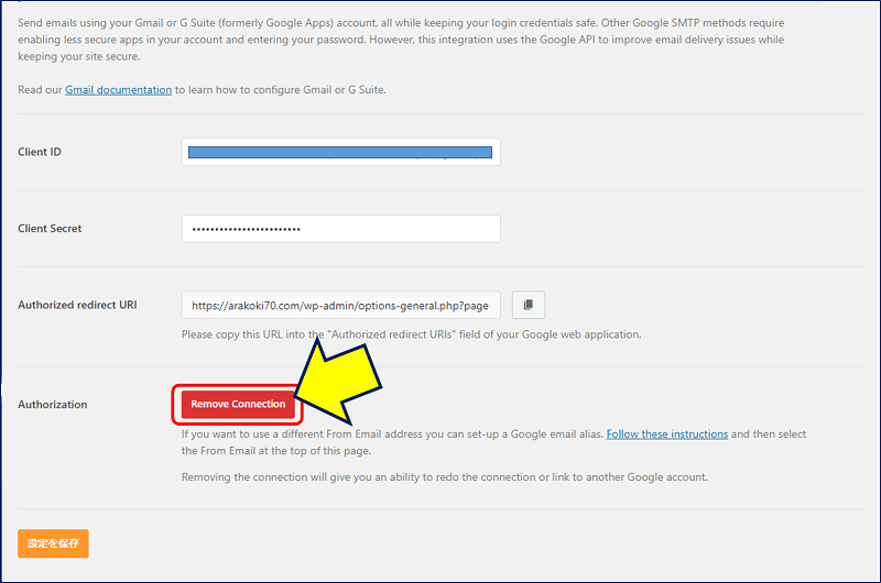 「Authorization」の「Remove Connection」をクリックする