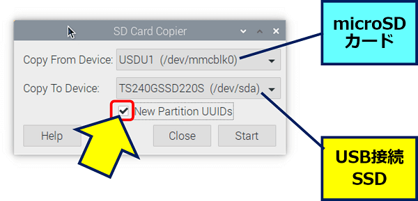 Copy From Device（コピー元）に【microSDカード】を選択し、Copy To Device（コピー先）に【SSD】を選択して、且つ、「New Partition UUIDs」にチェックを入れて「Start」をクリックする
