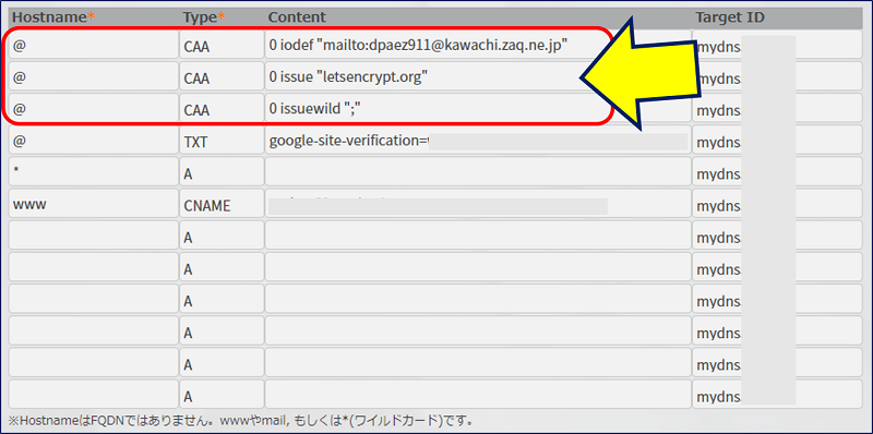 MyDNS.jp にログインし、「Domain Info」に【CAA】を登録