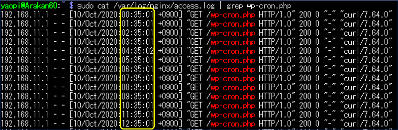 nginxのアクセスログを見ると、「wp-cron.php」が1時間毎に実行されるようになった