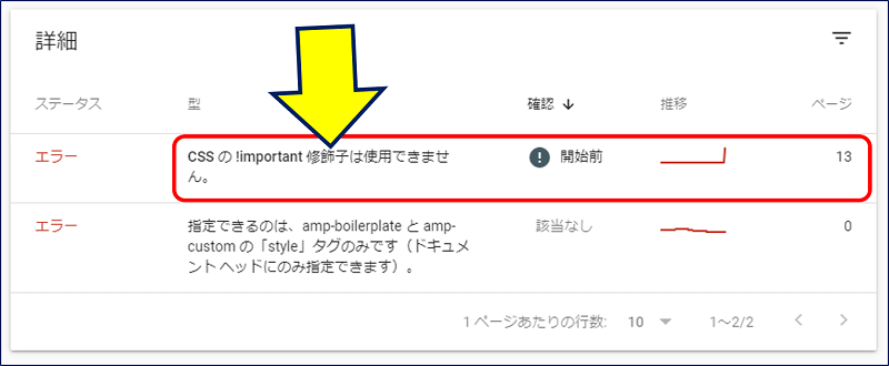 詳細を見ると、「CSS の !important 修飾子は使用できません。」と表示されている。