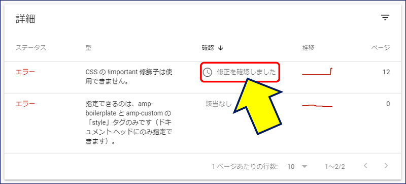 エラーの詳細画面を見ると、「修正を確認しました」となっている