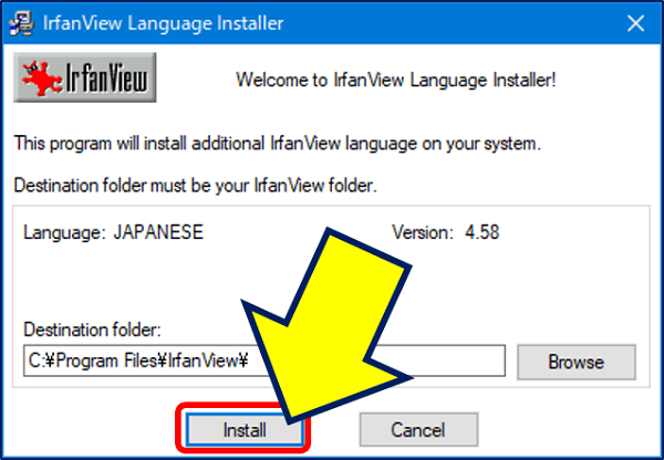 先にダウンロードした、日本語ランゲージファイルのインストーラーを起動し、「 Install 」をクリックする