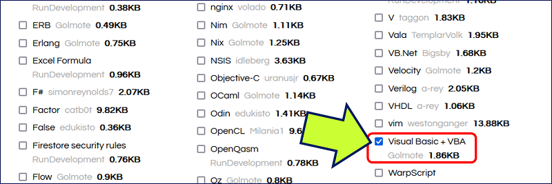 言語はアルファベット順に並んでおり、V行に「VBA」がある