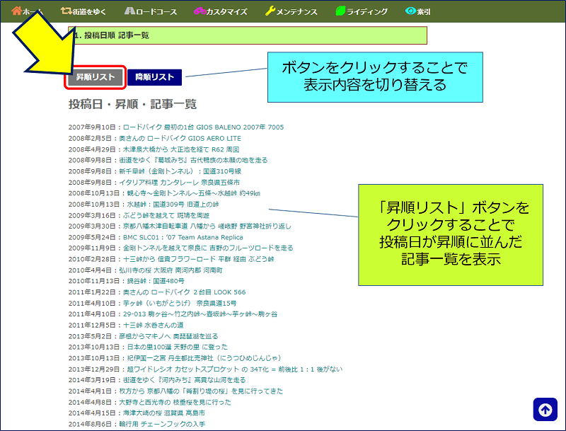 「昇順リスト」ボタンをクリックしたときの「投稿日＜昇順＞記事一覧」。