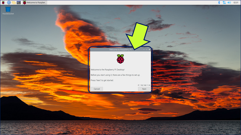 ラズパイにSDカードをセットして起動すると、リブートが2回行われた後、32bit版と同じ「Welcome to Raspberry Pi」画面が表示される