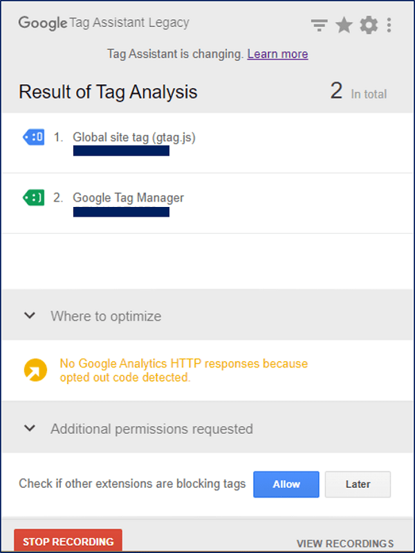 サイトの更新ボタンをクリックすると、 Tag Assistant のアイコン色が変わり、クリックすると設定されているタグを確認する事が出来る