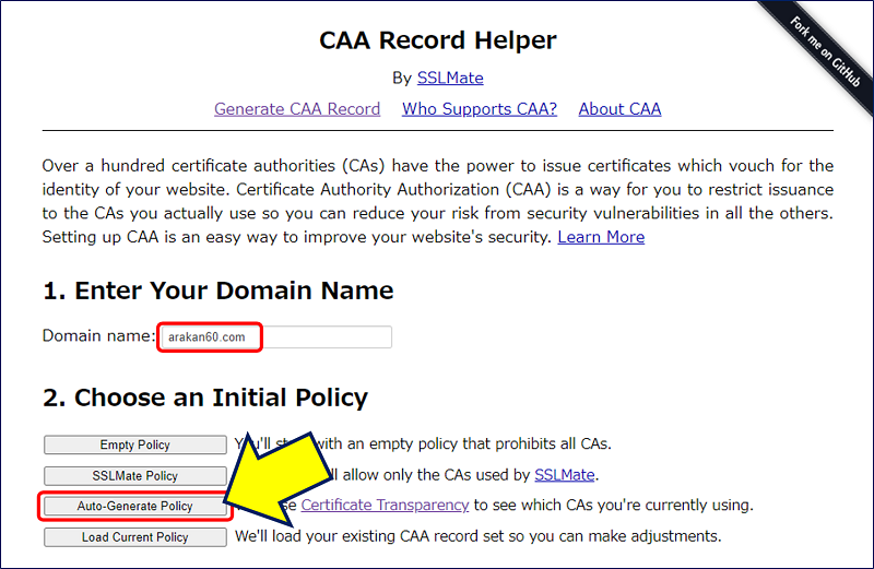 「1. Enter Your Domain Name」にドメイン名を入力し、「2. Choose an Initial Policy」では【Auto-Generate Policy】を選択する