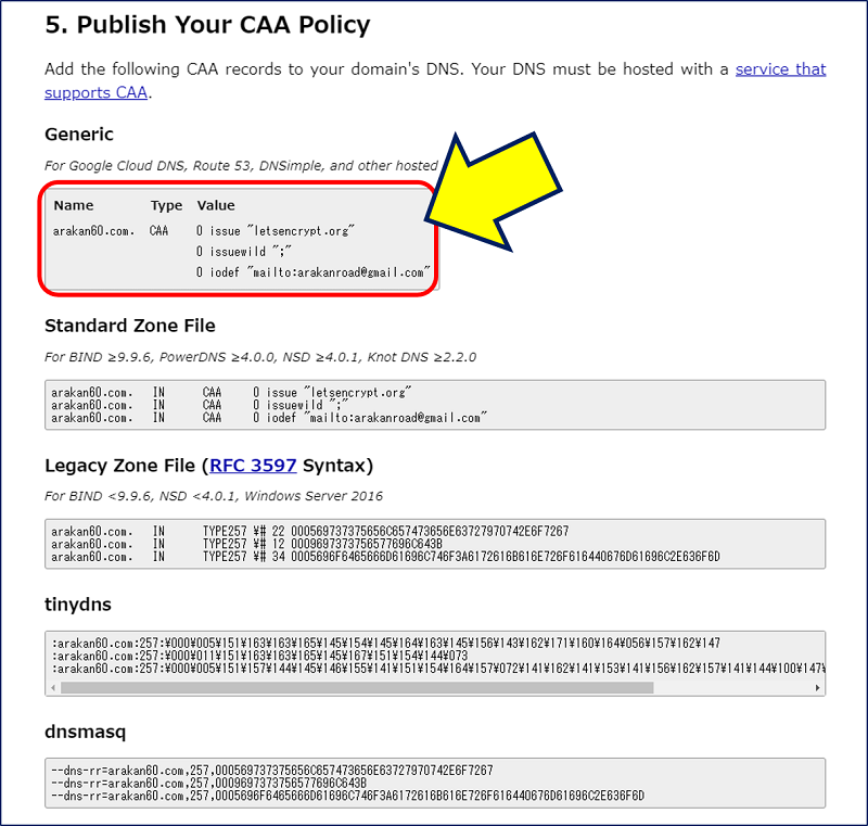 「5. Publish Your CAA Policy」に、生成された「CAAレコード」が表示される
