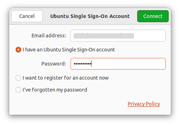 「Ubuntu Single Sign-on」を選択し、「Account」を登録する