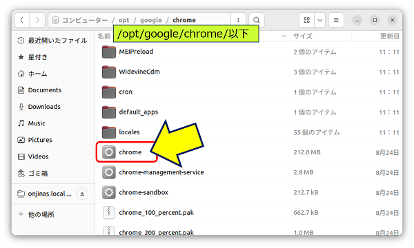 「Google Chrome」は、Webサイトから『 ***.deb 』ファイルや『 ***.tar.gz 』等のパッケージをダウンロードしてインストールしたので、アプリのファイル格納場所は「/opt/google/chrome」になっている