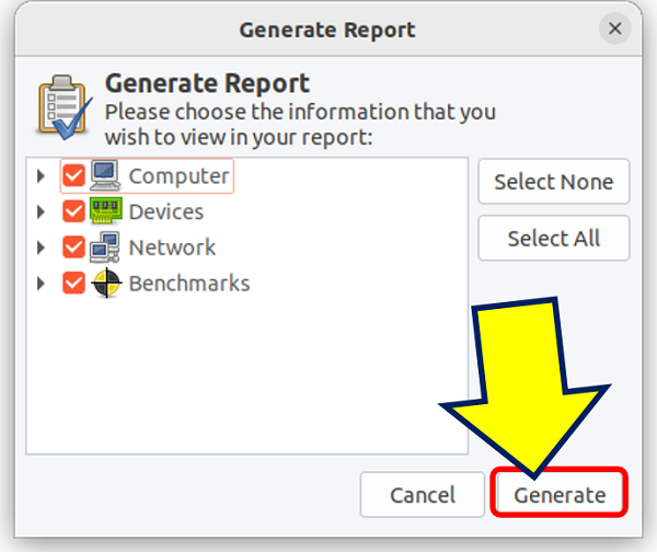 ツールバーの「Generate Report」ボタンをクリックすると、「レポートの生成」が行える