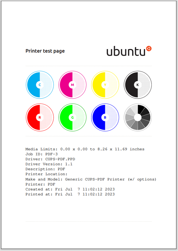 Ubuntuプリンターのテストページ