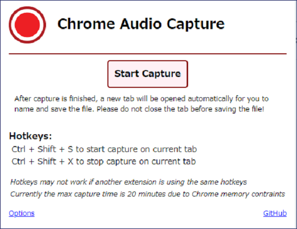 Google Chrome で、キャプチャーしたい音があるサイトを開き、
「拡張機能」アイコンをクリックし、この中から「Chrome Audio Capture」を起動する。