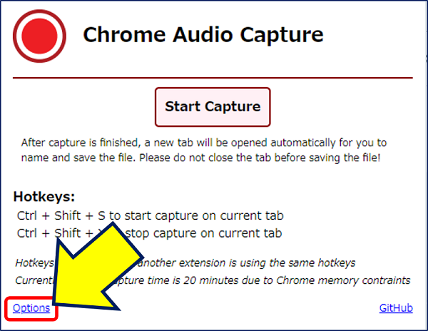 「Chrome Audio Capture」を起動し、左下にある「Option」をクリックする。