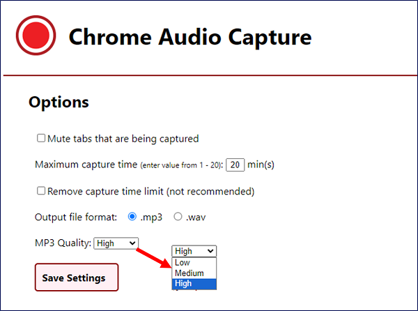 音声ファイルのフォーマット形式（MP3 又は WAV）や、MP3 の品質レベルが設定出来る。