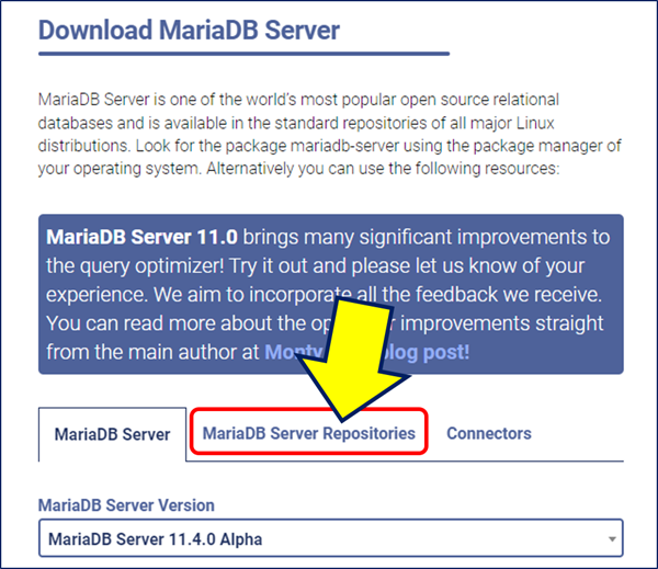 「Download MariaDB Server」画面に遷移するので、「MariaDB Server Repositories」タブをクリックする