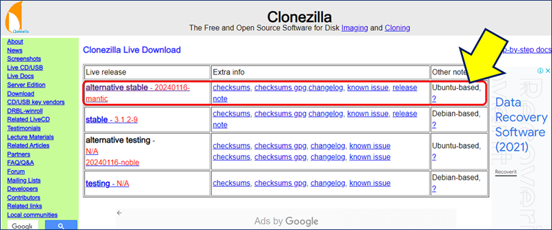 Clonezilla公式サイトにアクセスし、「Ubuntu-based」のリリースを選択する