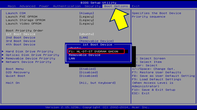 ブータブルディスクから起動出来るように、BIOSの「Boot Options」を設定する