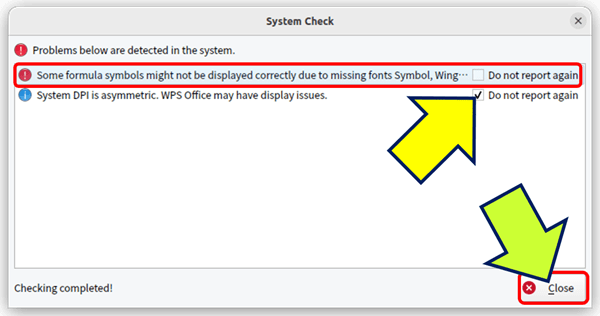 続けて、「WPS Spreadsheets」を起動すると、「フォントが欠落している」というエラーメッセージが出る。尚、このメッセージの下には先ほど「無視する」にチェックを入エラーが表示されている