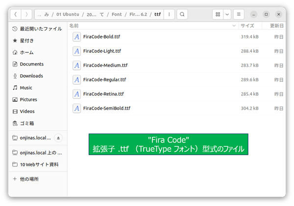 ダウンロードした .zip ファイルを解凍すると、拡張子 .ttf （TrueType フォント）型式のファイルが展開される