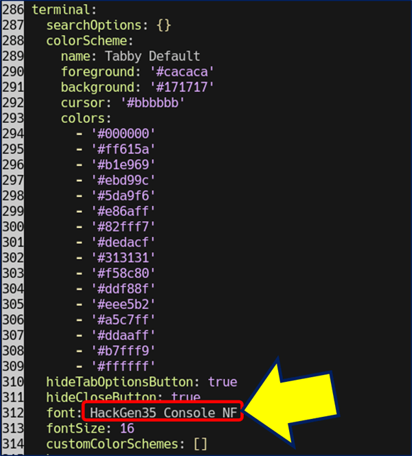 「config.yaml」の「terminal」セクションの【font】設定を変更する