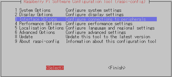 Raspberry Pi Configuration を開き、Interfaces Options を選択する