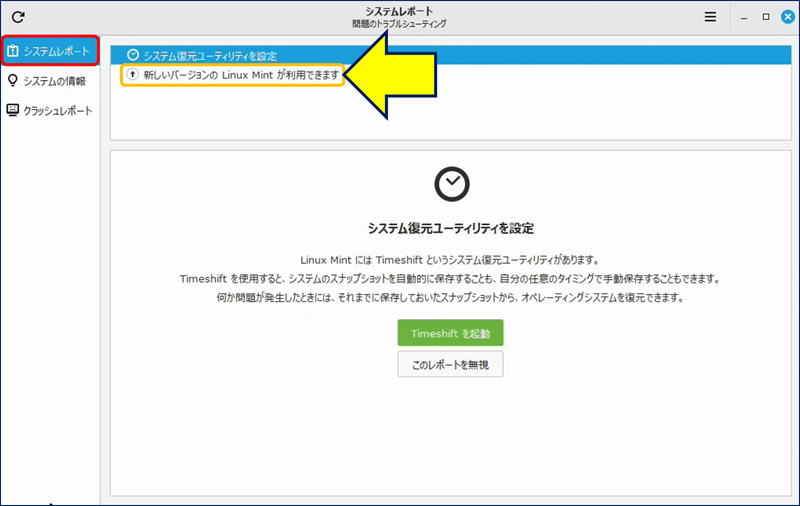 「システムレポート」画面の「システムレポート」タブが表示される