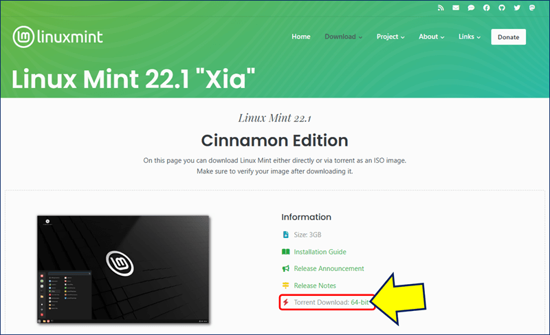 「Cinnamon Edition」の画面が表示されるので、「Torrent Download: 64-bit」をクリックする