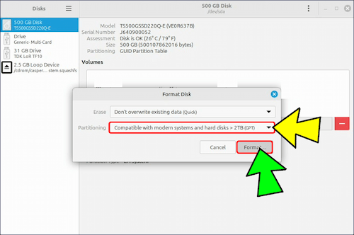 「Format Disk」ダイアログボックスが表示されるので、「Partitioning」にパーティションタイプ「GPT」を設定し、「Format」をクリックする