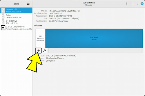 続いて、「Free Space」を選択して、「✚」のパーティション作成をクリックする