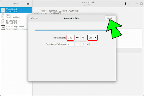 パーティションサイズに 240GB を設定し、「Next」をクリックする