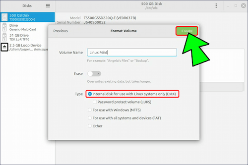 パーティションタイプに「ext4」を選択し、「Create」をクリックする。