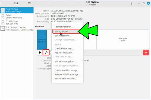 「EFI」パーティションを指定した状態で、「⚙️:パーティションのその他のオプション」アイコンをクリックし、「Edit Partition」を選択する