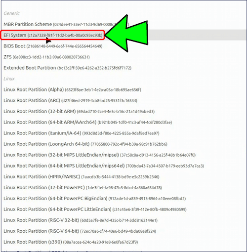プルダウンメニューの中から「EFI System」を選択するする