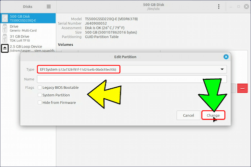 「EFI System」を選択しても、「Flags」の表示に変化が無いので、「Change」をクリックする