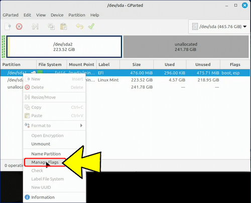「GParted」が起動したら、「EFI」パーティションを指定した状態で右クリックして「Manage Flags」を選択する