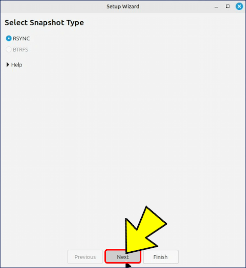 「セットアップウィザード」の「Select Snapshot Tyoe」が表示されるので、「Next」をクリックする