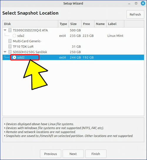 「Select Snaoshot Location」画面が表示されるので、スナップショットが保存されている場所を指定する