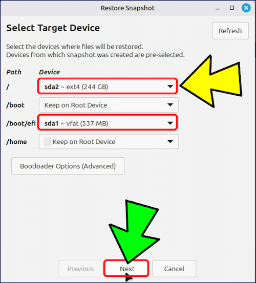 「Select Target Device」画面が表示されるので、復元対象ディスクを指定する