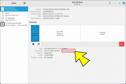/boot/efi 用のパーティション /dev/sda1 → Not Mounted