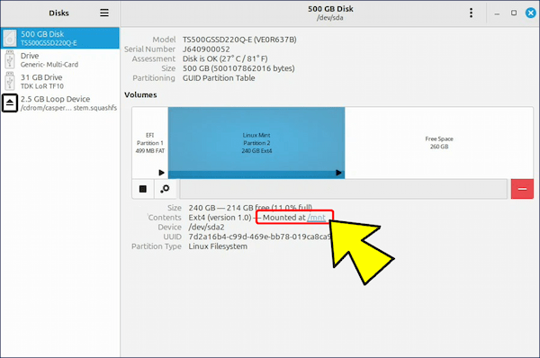 /(root) 用のパーティション /dev/sda2 → Mounted at /mnt