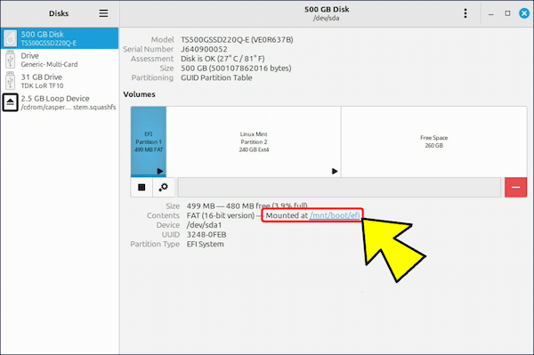 /boot/efi 用のパーティション /dev/sda1 → Mounted at /mnt/boot/efi