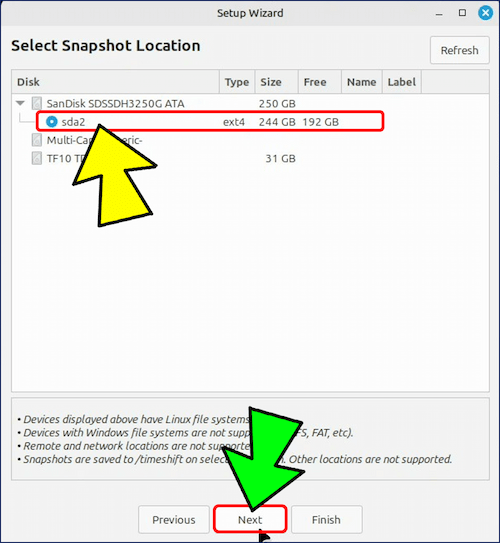 「Select Snaoshot Location」画面が表示されるので、スナップショットが保存されている場所を指定する