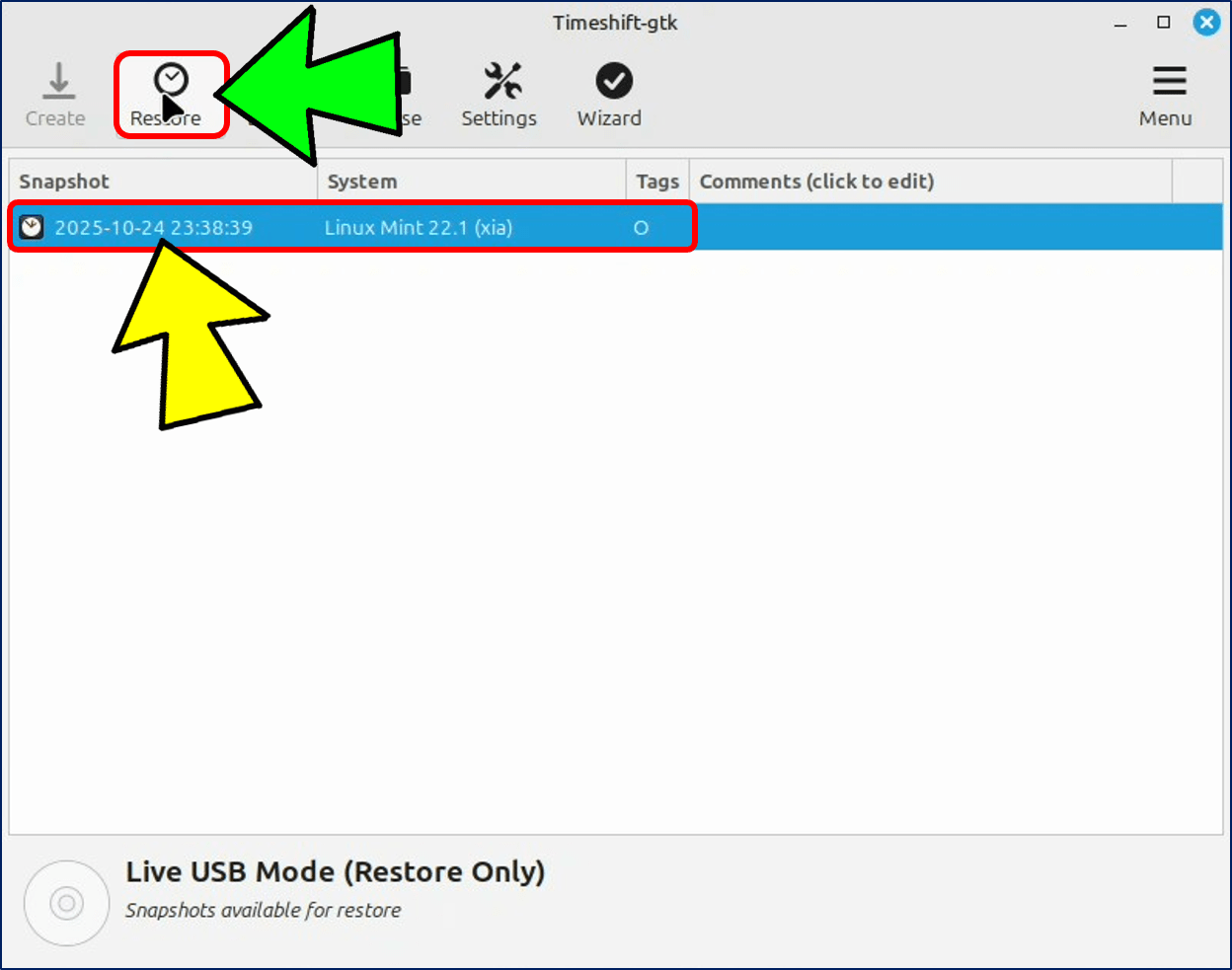 「Timeshift」のトップ画面に戻るので、バックアップの「スナップショット」を選択して「Restore」をクリックする